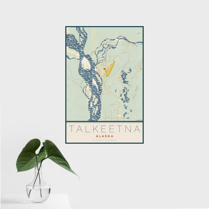 16x24 Talkeetna Alaska Map Print Portrait Orientation in Woodblock Style With Tropical Plant Leaves in Water