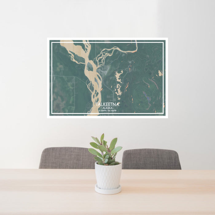 24x36 Talkeetna Alaska Map Print Lanscape Orientation in Afternoon Style Behind 2 Chairs Table and Potted Plant