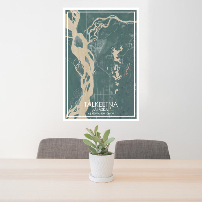 24x36 Talkeetna Alaska Map Print Portrait Orientation in Afternoon Style Behind 2 Chairs Table and Potted Plant