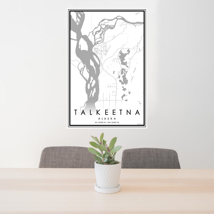 24x36 Talkeetna Alaska Map Print Portrait Orientation in Classic Style Behind 2 Chairs Table and Potted Plant