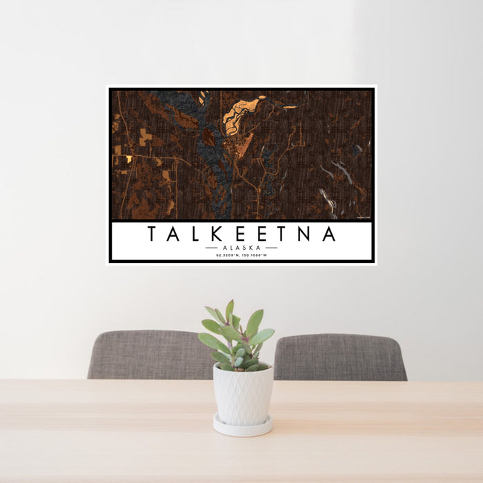 24x36 Talkeetna Alaska Map Print Lanscape Orientation in Ember Style Behind 2 Chairs Table and Potted Plant