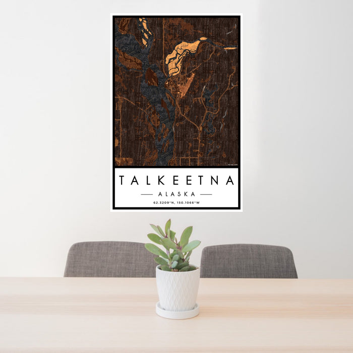24x36 Talkeetna Alaska Map Print Portrait Orientation in Ember Style Behind 2 Chairs Table and Potted Plant