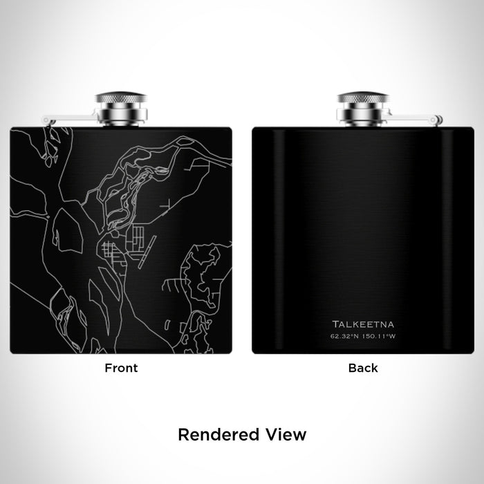 Rendered View of Talkeetna Alaska Map Engraving on 6oz Stainless Steel Flask in Black