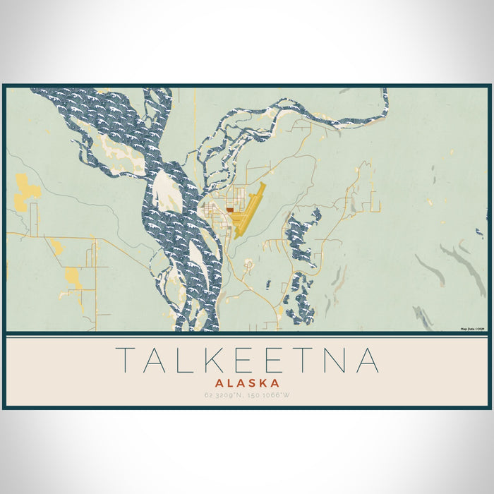 Talkeetna Alaska Map Print Landscape Orientation in Woodblock Style With Shaded Background