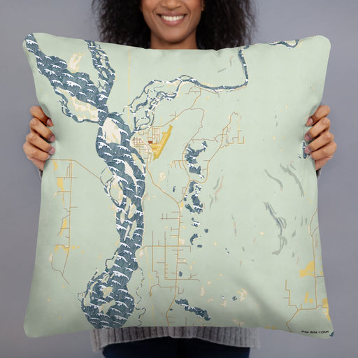 Person holding 22x22 Custom Talkeetna Alaska Map Throw Pillow in Woodblock
