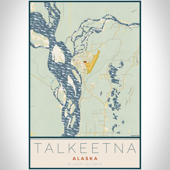 Talkeetna Alaska Map Print Portrait Orientation in Woodblock Style With Shaded Background