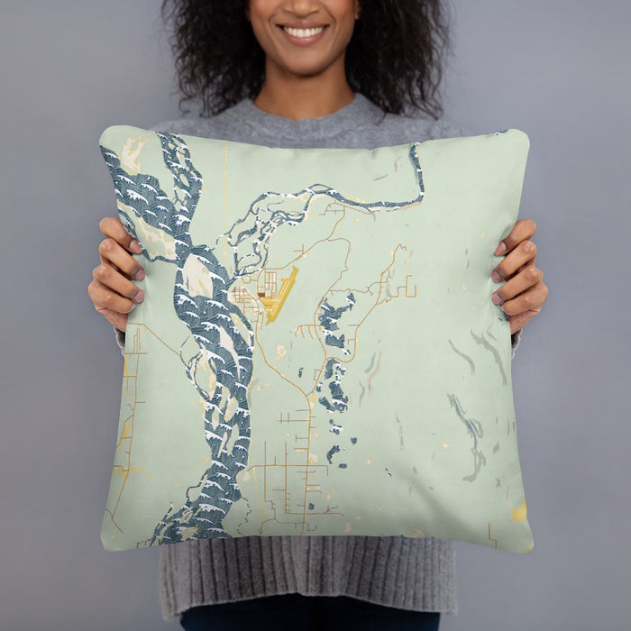 Person holding 18x18 Custom Talkeetna Alaska Map Throw Pillow in Woodblock