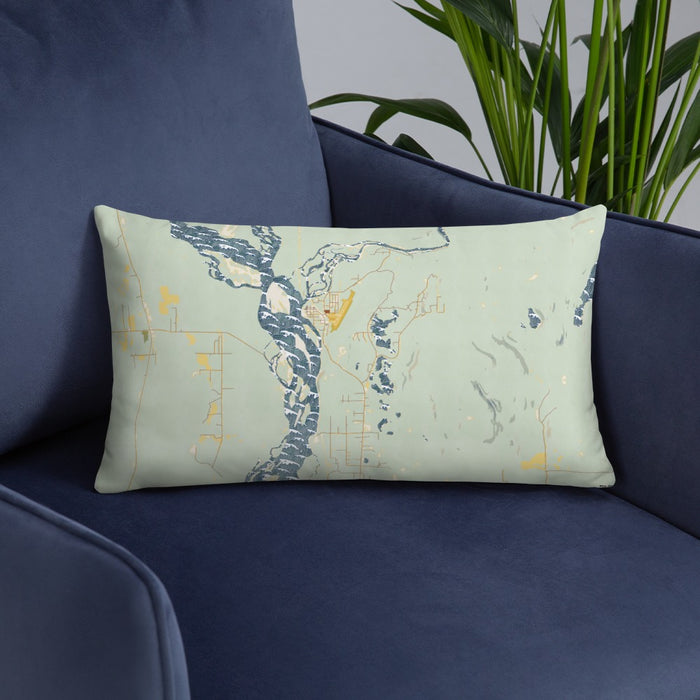 Custom Talkeetna Alaska Map Throw Pillow in Woodblock on Blue Colored Chair