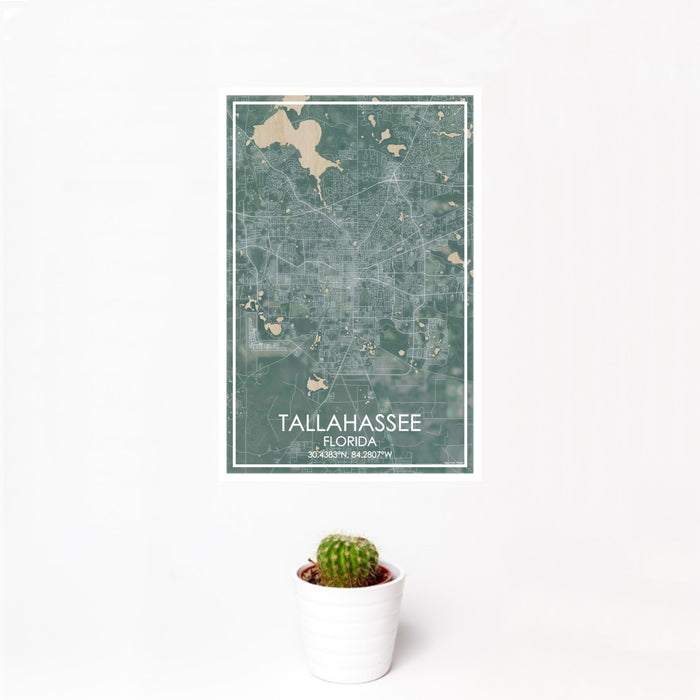 12x18 Tallahassee Florida Map Print Portrait Orientation in Afternoon Style With Small Cactus Plant in White Planter