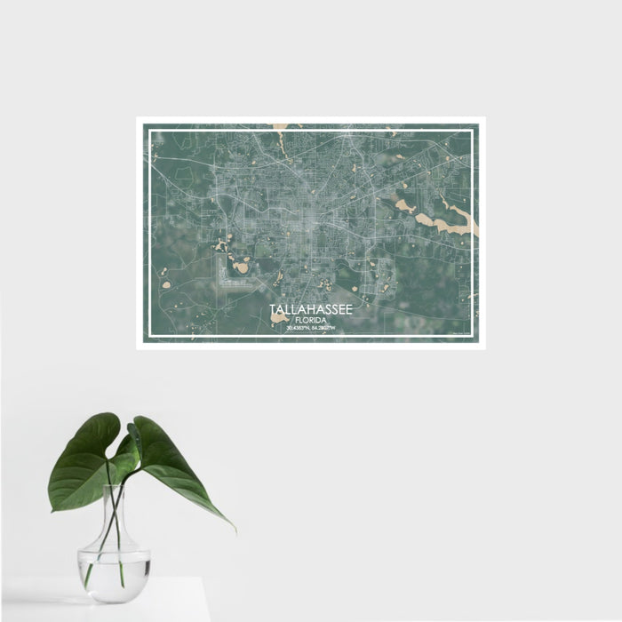16x24 Tallahassee Florida Map Print Landscape Orientation in Afternoon Style With Tropical Plant Leaves in Water
