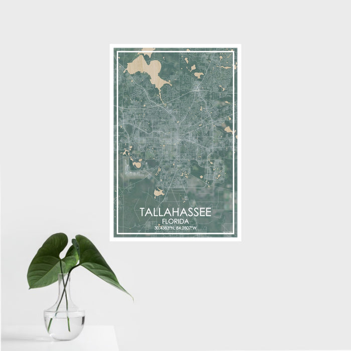 16x24 Tallahassee Florida Map Print Portrait Orientation in Afternoon Style With Tropical Plant Leaves in Water