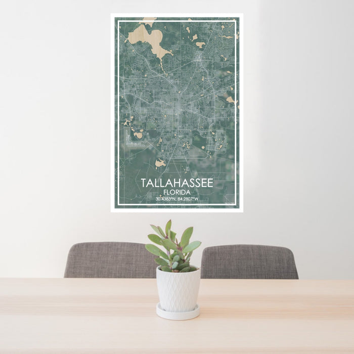24x36 Tallahassee Florida Map Print Portrait Orientation in Afternoon Style Behind 2 Chairs Table and Potted Plant