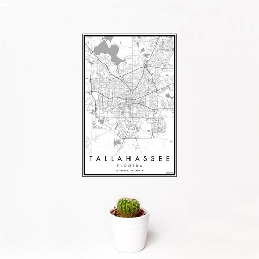 12x18 Tallahassee Florida Map Print Portrait Orientation in Classic Style With Small Cactus Plant in White Planter