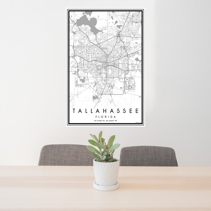 24x36 Tallahassee Florida Map Print Portrait Orientation in Classic Style Behind 2 Chairs Table and Potted Plant