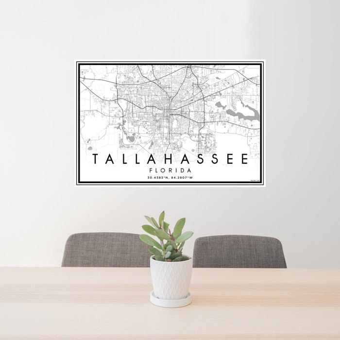 24x36 Tallahassee Florida Map Print Landscape Orientation in Classic Style Behind 2 Chairs Table and Potted Plant