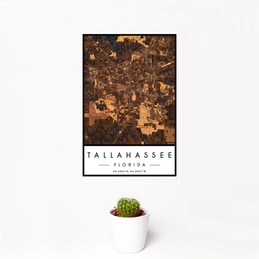 12x18 Tallahassee Florida Map Print Portrait Orientation in Ember Style With Small Cactus Plant in White Planter
