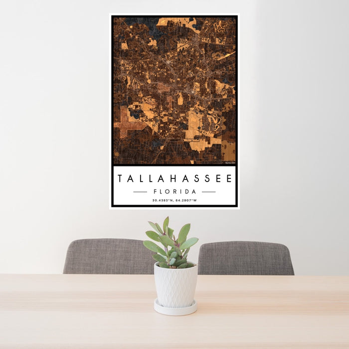 24x36 Tallahassee Florida Map Print Portrait Orientation in Ember Style Behind 2 Chairs Table and Potted Plant