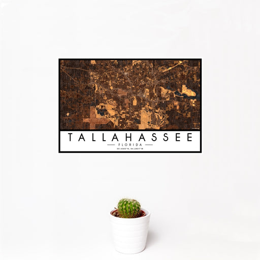 12x18 Tallahassee Florida Map Print Landscape Orientation in Ember Style With Small Cactus Plant in White Planter