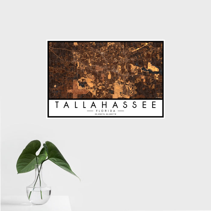 16x24 Tallahassee Florida Map Print Landscape Orientation in Ember Style With Tropical Plant Leaves in Water