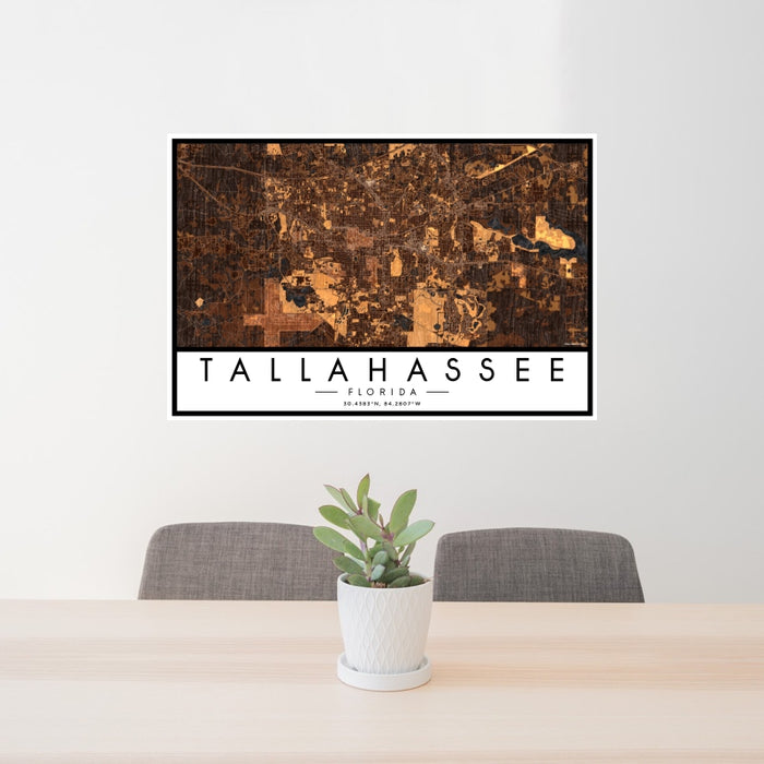 24x36 Tallahassee Florida Map Print Landscape Orientation in Ember Style Behind 2 Chairs Table and Potted Plant