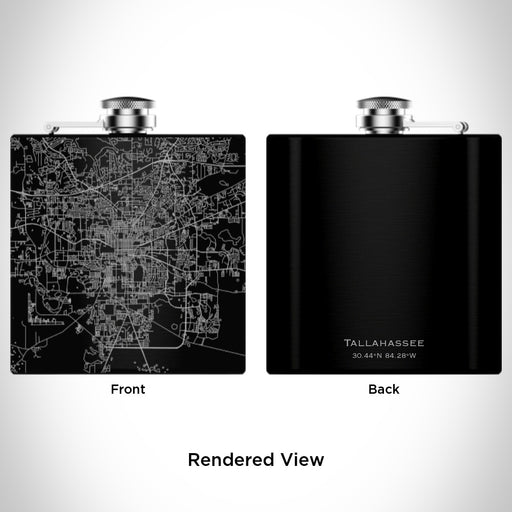 Rendered View of Tallahassee Florida Map Engraving on 6oz Stainless Steel Flask in Black