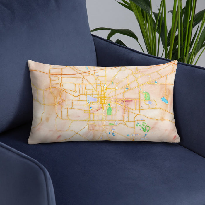 Custom Tallahassee Florida Map Throw Pillow in Watercolor on Blue Colored Chair