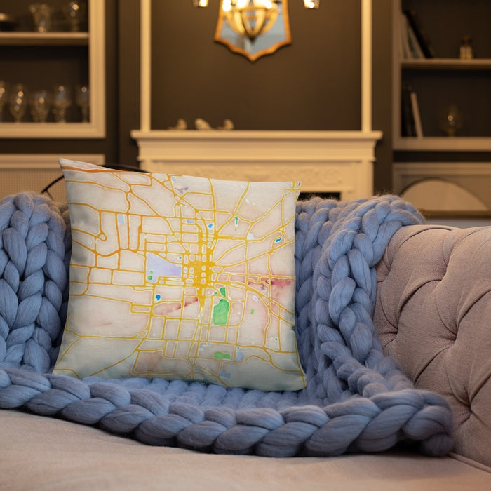 Custom Tallahassee Florida Map Throw Pillow in Watercolor on Cream Colored Couch