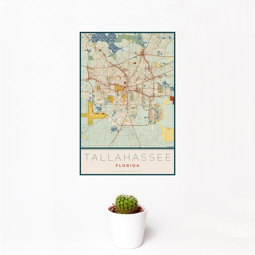 12x18 Tallahassee Florida Map Print Portrait Orientation in Woodblock Style With Small Cactus Plant in White Planter