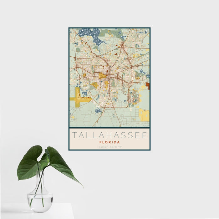 16x24 Tallahassee Florida Map Print Portrait Orientation in Woodblock Style With Tropical Plant Leaves in Water