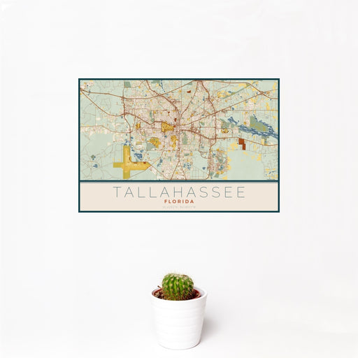 12x18 Tallahassee Florida Map Print Landscape Orientation in Woodblock Style With Small Cactus Plant in White Planter