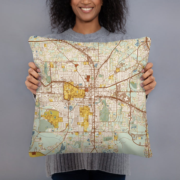 Person holding 18x18 Custom Tallahassee Florida Map Throw Pillow in Woodblock