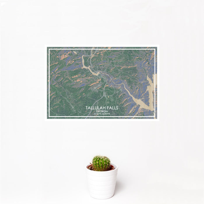 12x18 Tallulah Falls Georgia Map Print Landscape Orientation in Afternoon Style With Small Cactus Plant in White Planter