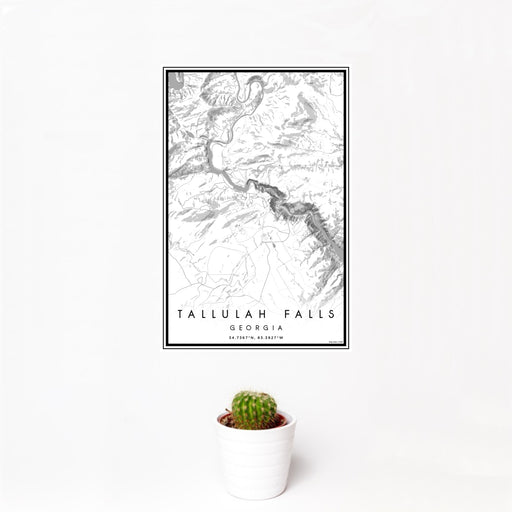 12x18 Tallulah Falls Georgia Map Print Portrait Orientation in Classic Style With Small Cactus Plant in White Planter