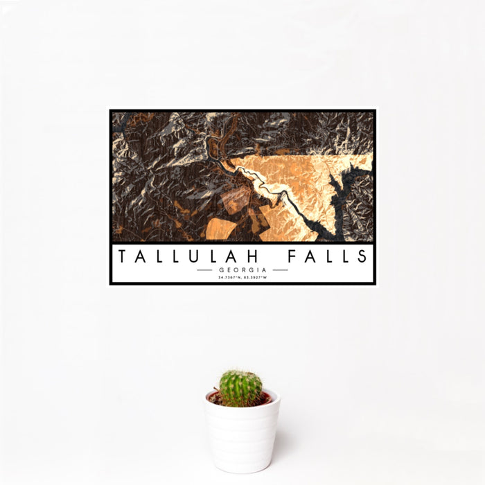 12x18 Tallulah Falls Georgia Map Print Landscape Orientation in Ember Style With Small Cactus Plant in White Planter