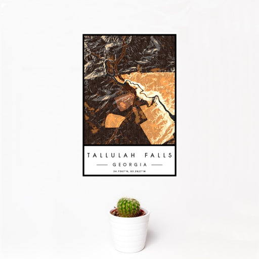 12x18 Tallulah Falls Georgia Map Print Portrait Orientation in Ember Style With Small Cactus Plant in White Planter