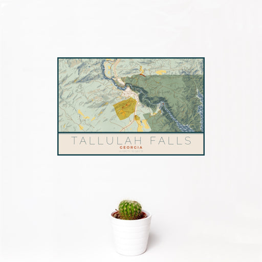 12x18 Tallulah Falls Georgia Map Print Landscape Orientation in Woodblock Style With Small Cactus Plant in White Planter
