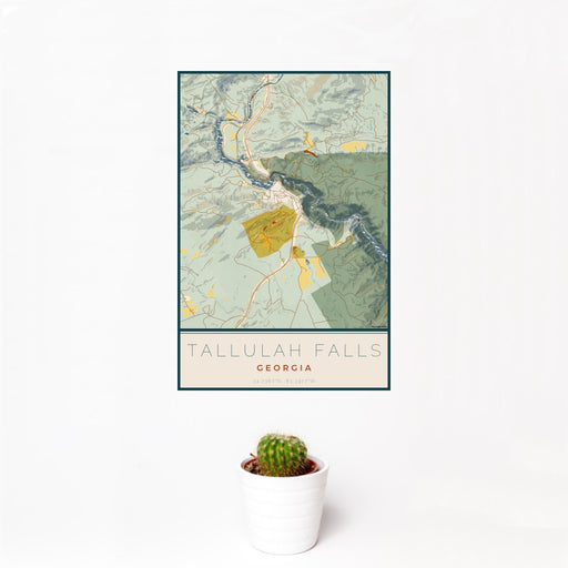 12x18 Tallulah Falls Georgia Map Print Portrait Orientation in Woodblock Style With Small Cactus Plant in White Planter