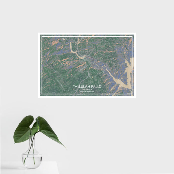 16x24 Tallulah Falls Georgia Map Print Landscape Orientation in Afternoon Style With Tropical Plant Leaves in Water