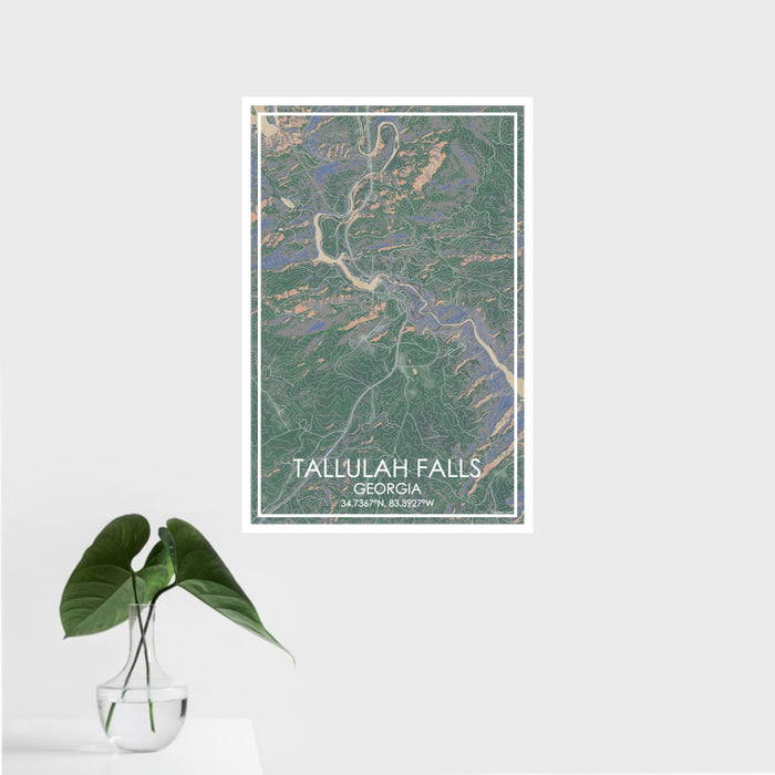 16x24 Tallulah Falls Georgia Map Print Portrait Orientation in Afternoon Style With Tropical Plant Leaves in Water