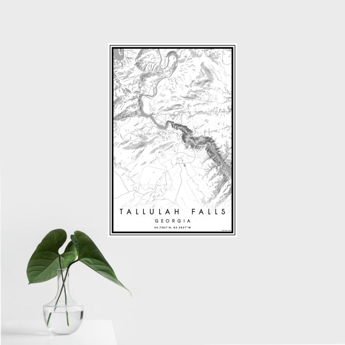 16x24 Tallulah Falls Georgia Map Print Portrait Orientation in Classic Style With Tropical Plant Leaves in Water