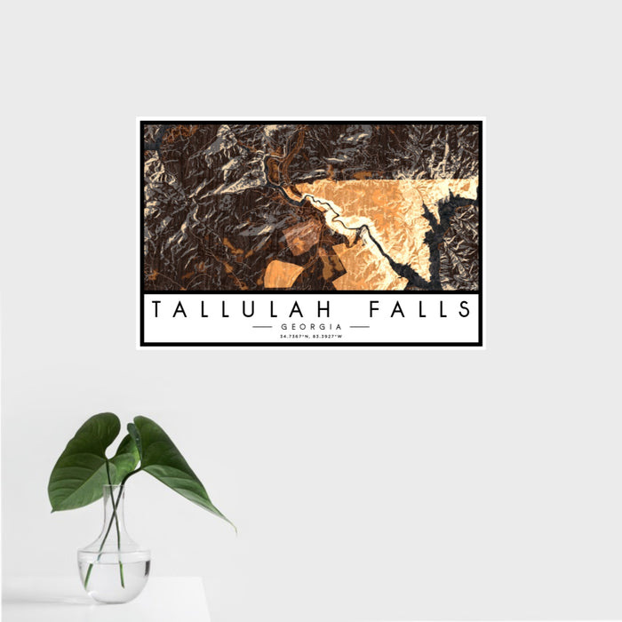 16x24 Tallulah Falls Georgia Map Print Landscape Orientation in Ember Style With Tropical Plant Leaves in Water