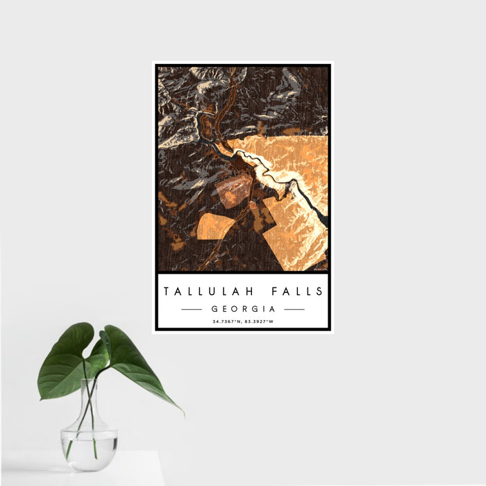 16x24 Tallulah Falls Georgia Map Print Portrait Orientation in Ember Style With Tropical Plant Leaves in Water