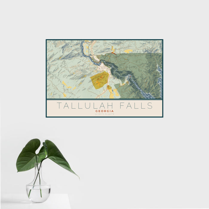 16x24 Tallulah Falls Georgia Map Print Landscape Orientation in Woodblock Style With Tropical Plant Leaves in Water