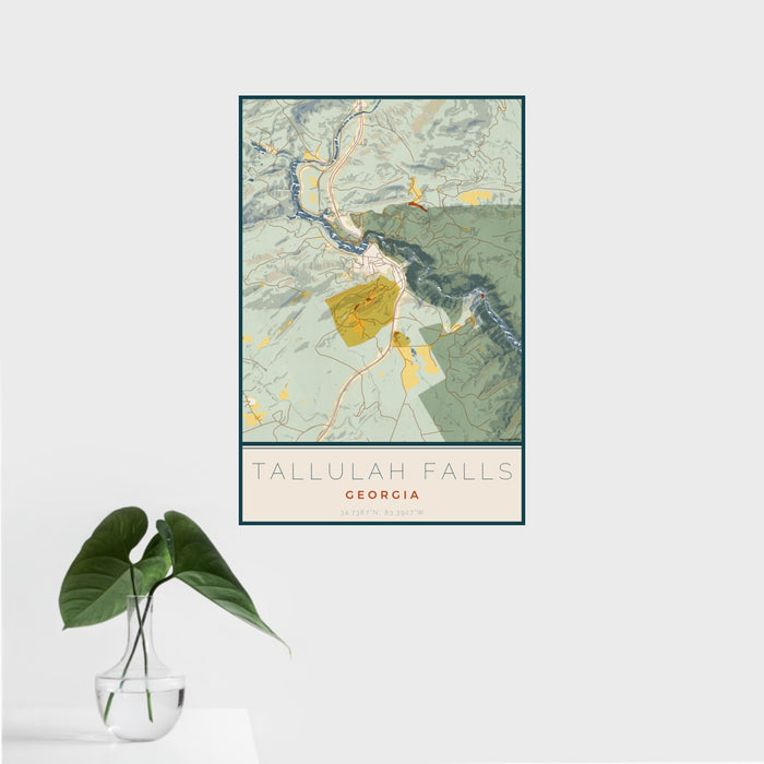 16x24 Tallulah Falls Georgia Map Print Portrait Orientation in Woodblock Style With Tropical Plant Leaves in Water