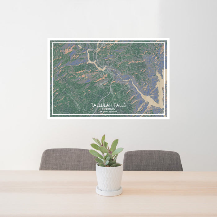 24x36 Tallulah Falls Georgia Map Print Lanscape Orientation in Afternoon Style Behind 2 Chairs Table and Potted Plant