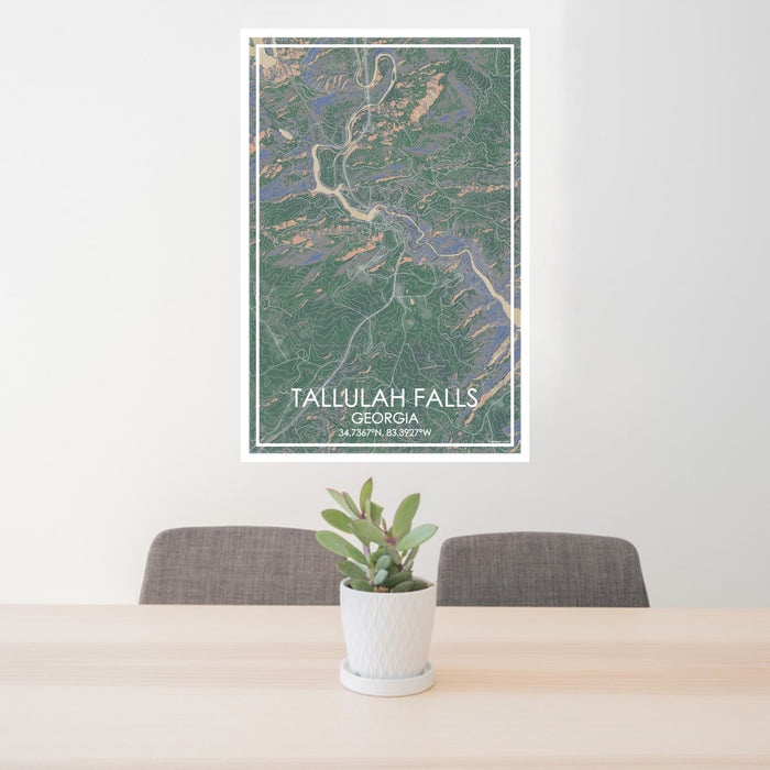 24x36 Tallulah Falls Georgia Map Print Portrait Orientation in Afternoon Style Behind 2 Chairs Table and Potted Plant
