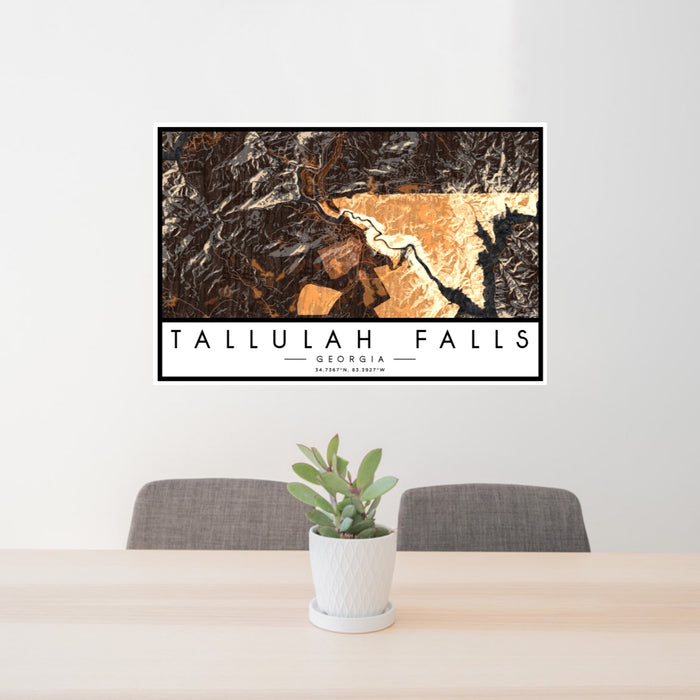 24x36 Tallulah Falls Georgia Map Print Lanscape Orientation in Ember Style Behind 2 Chairs Table and Potted Plant