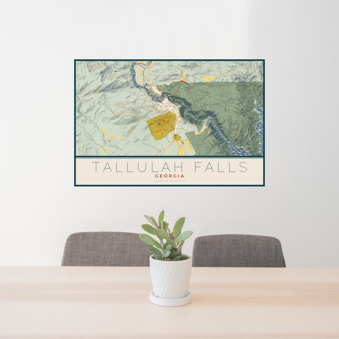 24x36 Tallulah Falls Georgia Map Print Lanscape Orientation in Woodblock Style Behind 2 Chairs Table and Potted Plant