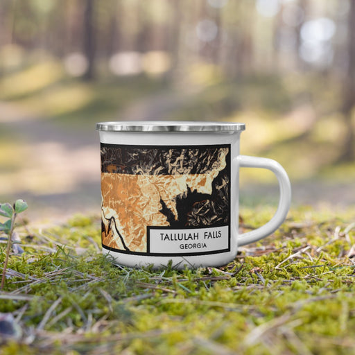 Right View Custom Tallulah Falls Georgia Map Enamel Mug in Ember on Grass With Trees in Background