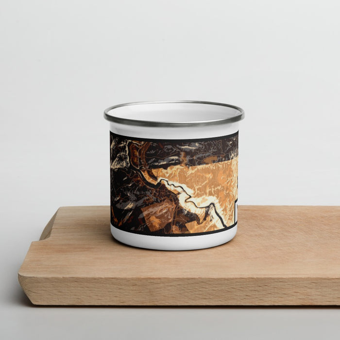 Front View Custom Tallulah Falls Georgia Map Enamel Mug in Ember on Cutting Board